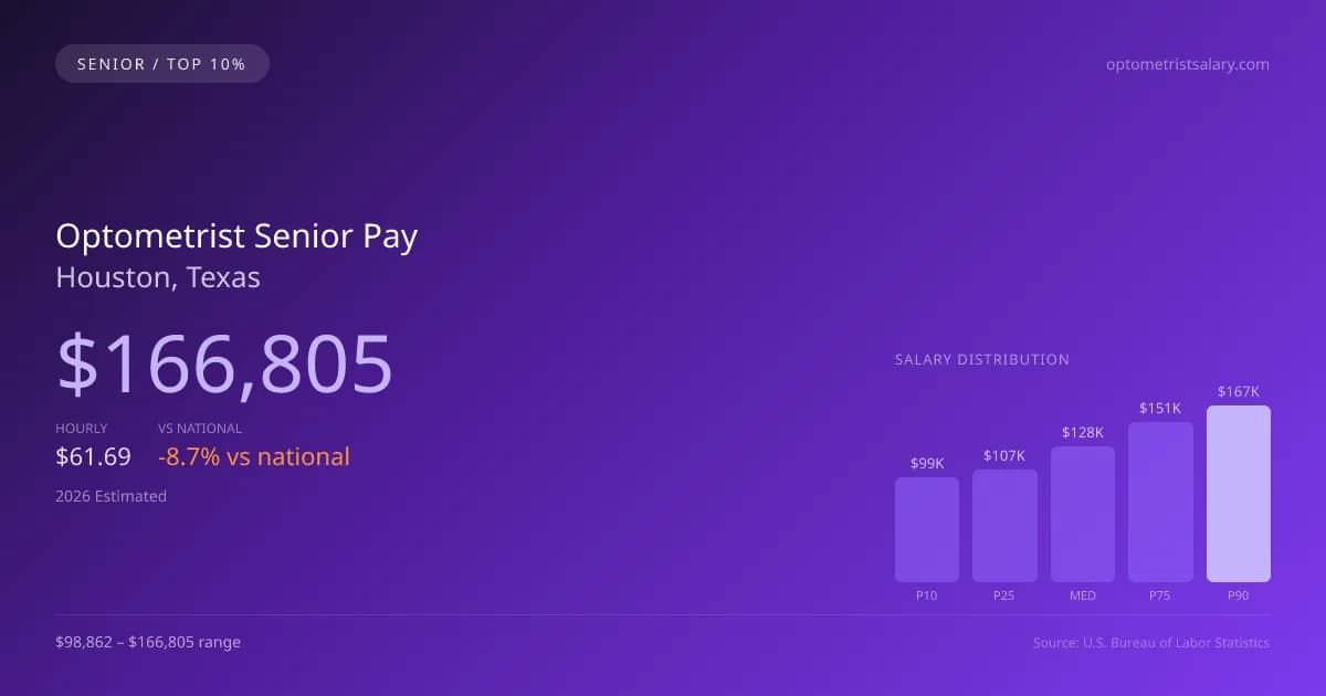Optometrist Senior Salary in Houston, TX — 2026 est., based on 2025 BLS