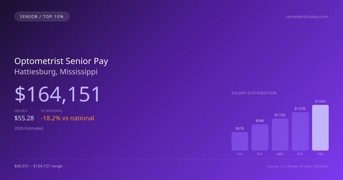 Optometrist Senior Salary in Hattiesburg, MS — 2026 est., based on 2025 BLS